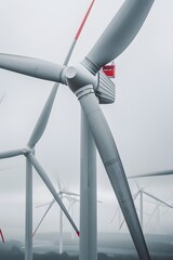 White wind turbine with a red accent on the top, other turbines in the background, grey sky. 