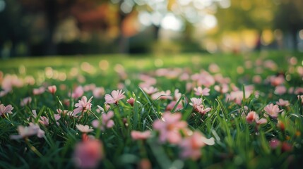 Pink flowers blooming in the local park grass