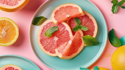 Poster - Pink grapefruit in a fresh breakfast or snack setting with vibrant pink and orange hues as the backdrop Packed with nutrients vitamins and homemade goodness