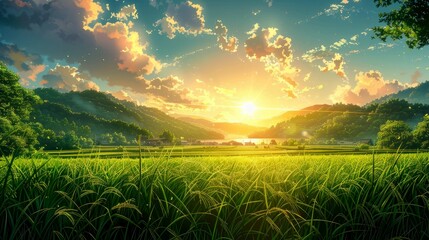 Wall Mural - Lush Green Grass Field with Sunset and Distant Village