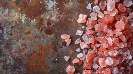 Pink Himalayan salt crystals on rustic metal background top view with room for text