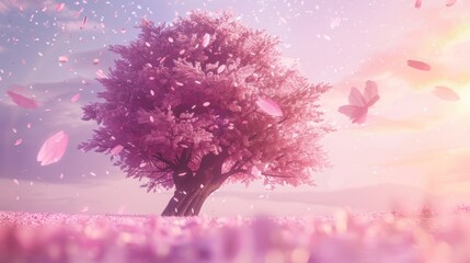 Poster - Pink Sakura Tree with Falling Petals and Butterfly.