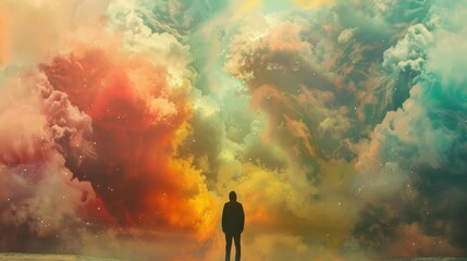 Canvas Print - Silhouetted figure standing against a vibrant nebula.