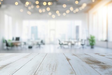 White wood table top and blurred bokeh office interior space background with generative ai