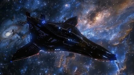 Sticker - futuristic spaceship flying through space with a nebula in the background.