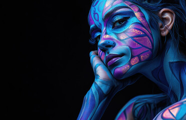 A woman with blue and purple body art, covered in glitter, against a black background