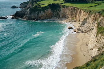 Flying over the waves of the sea at Otur beach. Asturias. Spain , ai