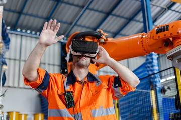 Industrial robotics engineer man using virtual reality glasses. goggles innovation future watching education internet. Work is controlled through modern digital system.