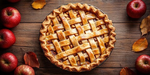 Apple pie decorated with lattice overhead shot, fall baking concept