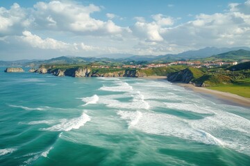 Flying over the waves of the sea at Otur beach. Asturias. Spain , ai