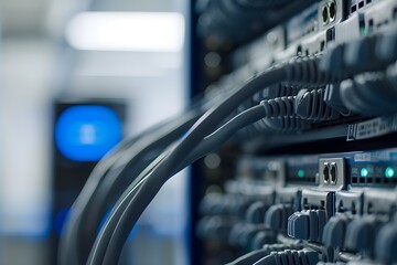 Closeup of a network switch with several internet cables connected, symbolizing the data transfer between devices in an office setting. The focus is on one blue miniature device placed above other gre