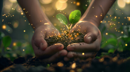 Wall Mural -  Image of Hands Holding a Seedling Growing from Soil