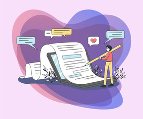 Wall Mural - content author writing creative article flat vector illustration. writer using huge pencil for writi