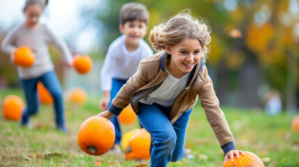 Kids with Pumpkins at Recess: Kids playing outside with pumpkins during recess, rolling them around and using them for fun fall activities, with copy space