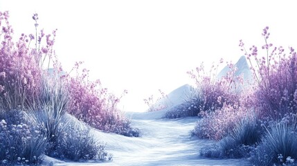 Wall Mural - Snow Covered Landscape with Purple Flowers and Path