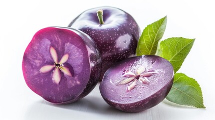 Purple star apple fruit with leaf on white background