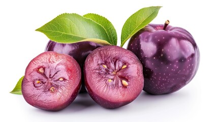 Purple star apple fruit with leaf on white background