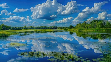 Wall Mural - Reflection of clouds over a lake with vibrant greenery and intriguing horizon