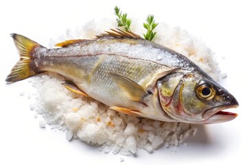 A whole fish, possibly a sea bass or grouper, is covered in salt and laid on a white background. The fish is a symbol of freshness, good health, and the bounty of the sea. The salt represents purity, 