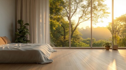 Modern Bedroom with Large Window and View of Green Trees and Sunlight