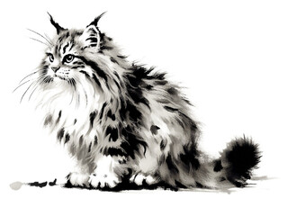 Use a Chinese brush with black ink to paint a picture of a Norwegian Forest Cat.