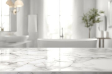 White luxury marble tabletop with copy space over blurred white elegance bathroom background with generative ai