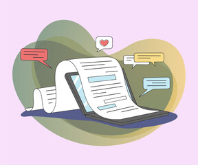 Wall Mural - writing creative content flat vector illustration. laptop with article for internet blog. seo, marke