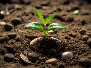 a small plant growing on a coin lying on the ground. Green investment concept, Collecting money to invest. Financial growth concept