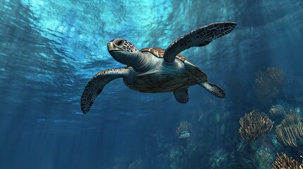 Sea Turtle Swimming Underwater with Coral Reef