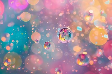 Colorful bubbles and oil on water, macro photography, vibrant colors, closeup of floating droplets, playful background with blurred shapes of toys and decorations, 