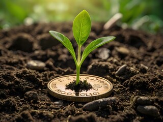 a small plant growing on a coin lying on the ground. Green investment concept, Collecting money to invest. Financial growth concept