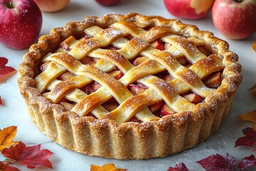 Apple pie decorated with lattice overhead shot, fall baking concept