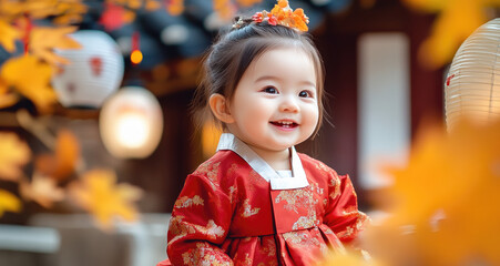 Wall Mural - Portrait of a happy, cute little Korean baby girl wearing a red hanbok (traditional Korean dress) in a traditional house