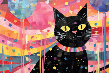 Poster - Colorful cat with balloons