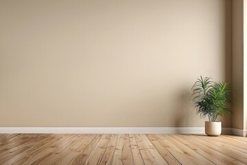 Wall Mural - A Tan Wall and Wood Floor with a Plant in a White Pot in the Corner