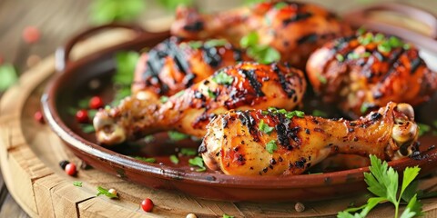 Barbecued Chicken Thighs Served on a Dark Plate