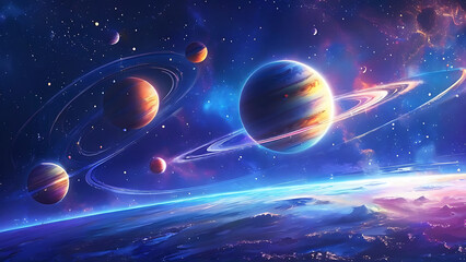 an artistic rendition of a celestial scene portraying multiple vibrant planets with glowing rings ag