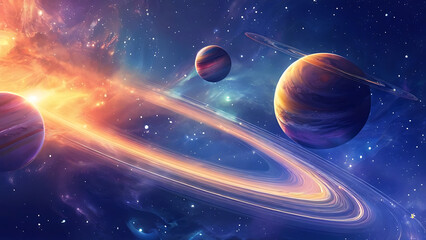 Wall Mural - an artistic rendition of a celestial scene portraying multiple vibrant planets with glowing rings ag