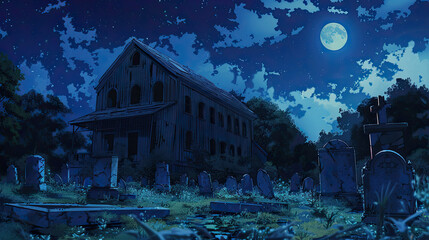 Wall Mural - Scary house cartoon scene with full moon, horror building and cemetery on background vector illustration, night view.