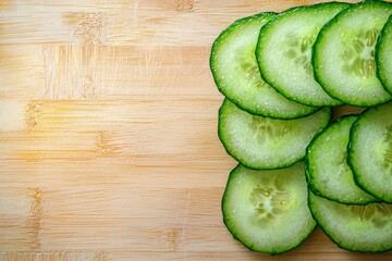 Wall Mural - A close up of cucumber slices on a wooden cutting board. Concept of freshness and health