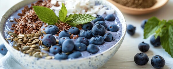 Detailed image of a smoothie bowl topped with superfoods such as blueberries, flaxseeds, and coconut flakes, Superfoods photo realistic, healthy and colorful breakfast