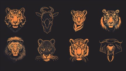 Poster - Set of  Wild Animal  Heads in Dotted Style.