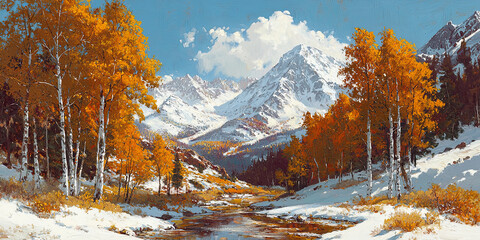 Wall Mural - a snowy mountain landscape with white birch trees in autumn orange and yellow, generative ai