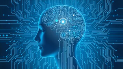 Futuristic digital brain illustration, representing AI and technology innovation with circuits.