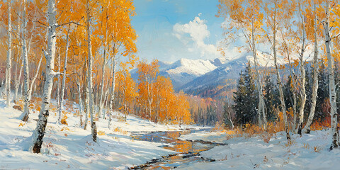 Wall Mural - a snowy mountain landscape with white birch trees in autumn orange and yellow, generative ai