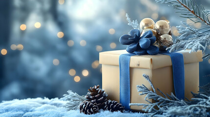 Sticker - Christmas gift box on snowy background with blue ribbon and pine cones.