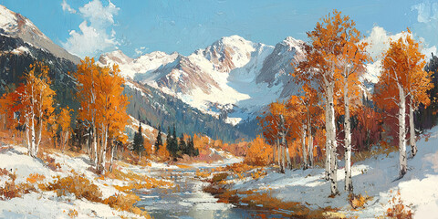 Wall Mural - a snowy mountain landscape with white birch trees in autumn orange and yellow, generative ai