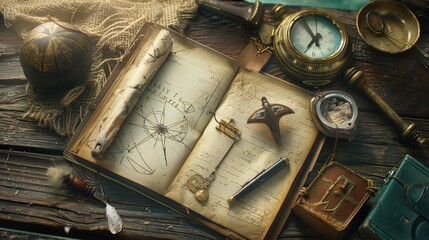 Canvas Print - Vintage Journal with Compass and Antique Pocket Watch.