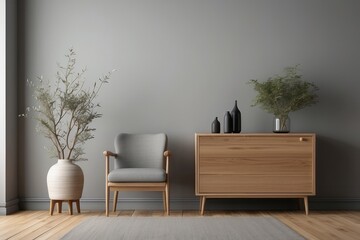 Wall Mural - Minimalist Living Room with Wooden Cabinet, Grey Chair, and Plants