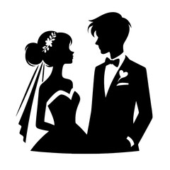 Wall Mural - Vector Black Silhouette of a Married Couple in Love Looking at Each Other Face to Face Isolated on Transparent Background - Decorative Design for Weddings